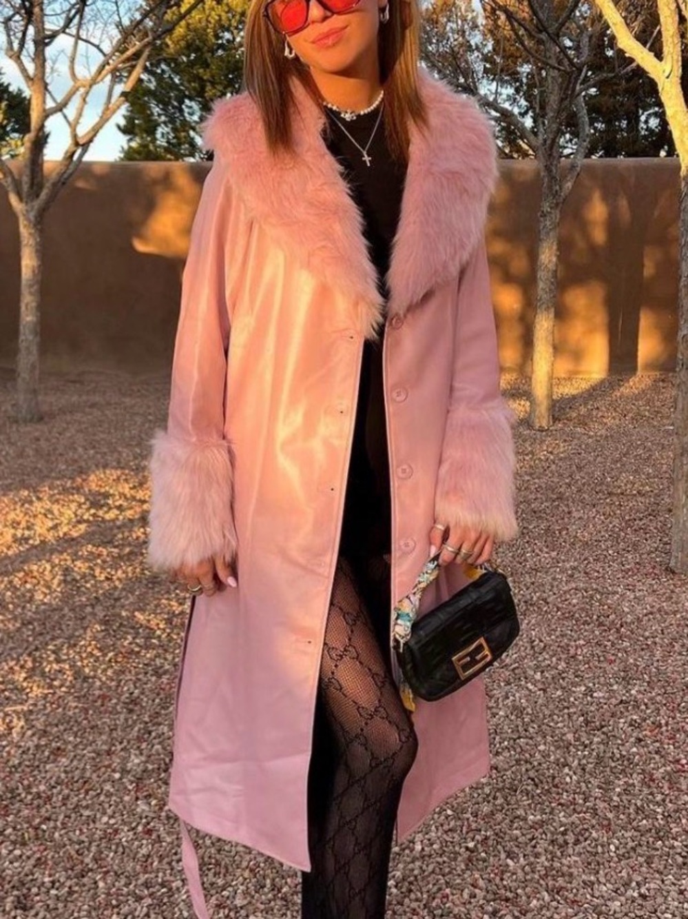 Princess Polly "Alice" Penny Lane Faux Fur Vegan Leather Pink Trench Coat Size 4